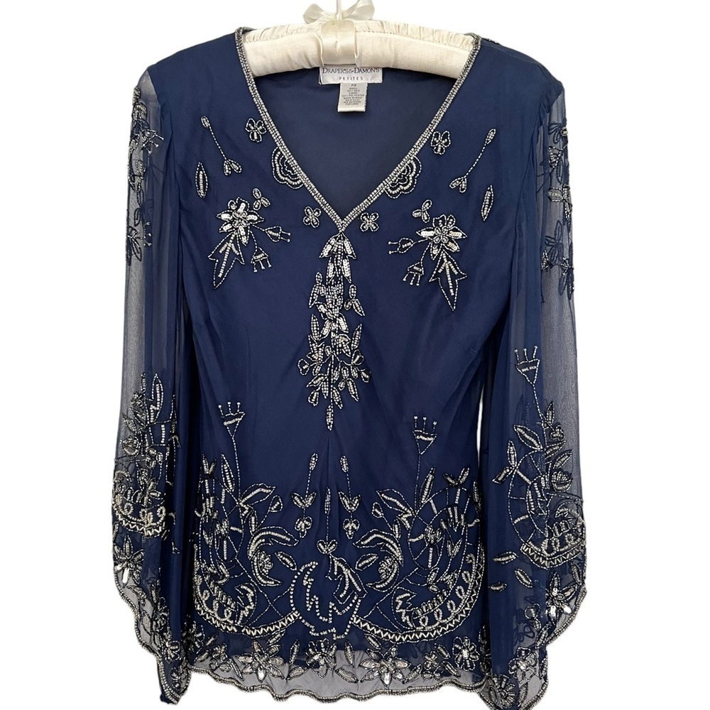 Draper’s & Damon’s Vintage Navy Blue Sheer Flowy Top Bell Sleeve Size Petite 8
